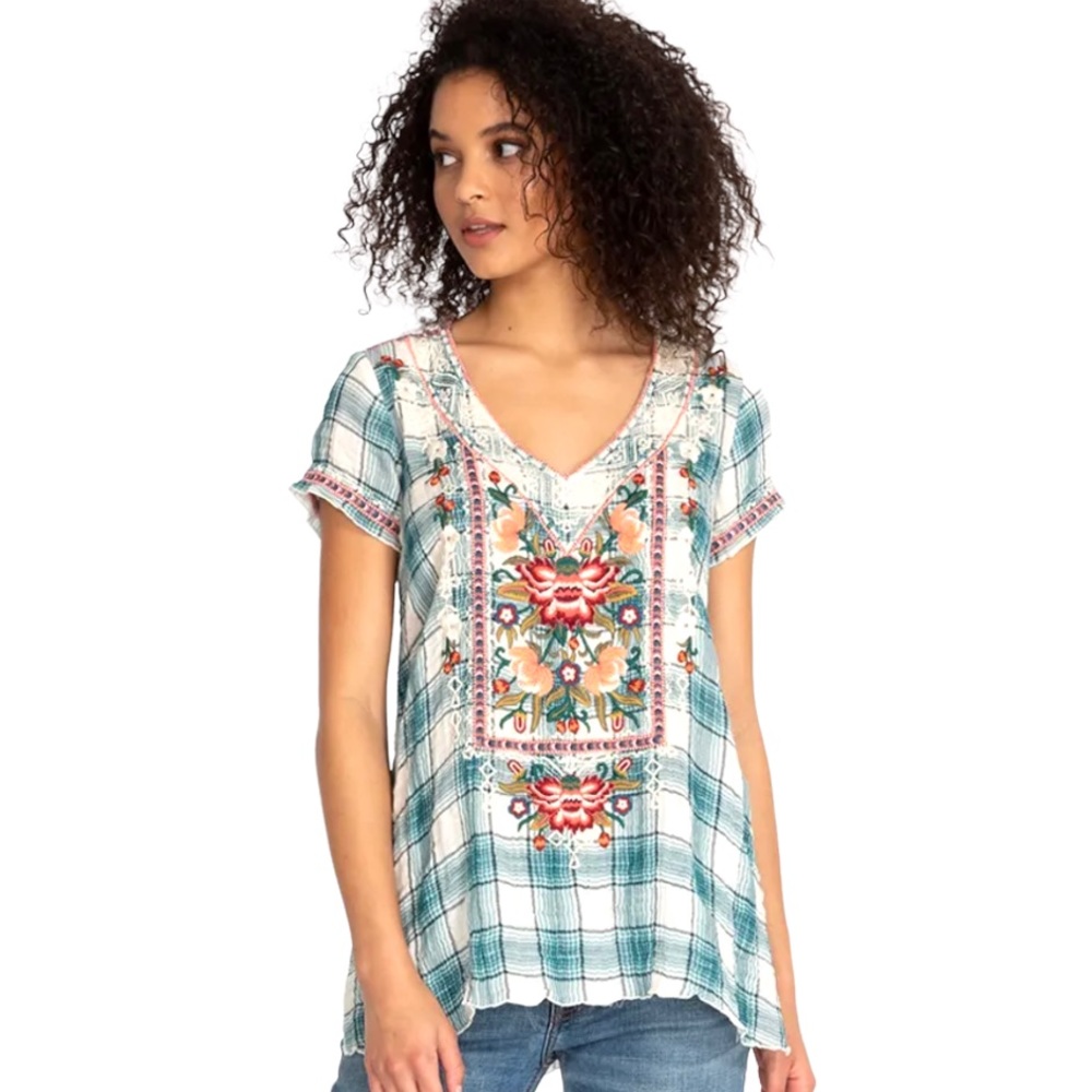 Johnny Was Workshop Julienne Teal Plaid Floral Embroidery Peasant Top